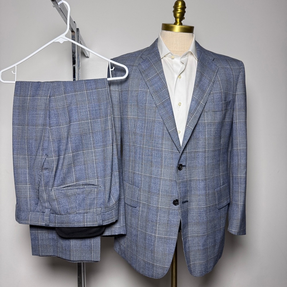 1970s Hart Schaffner Marx Suit Mens 40R W34 Blue Glen Plaid Vtg Silver Trumpet